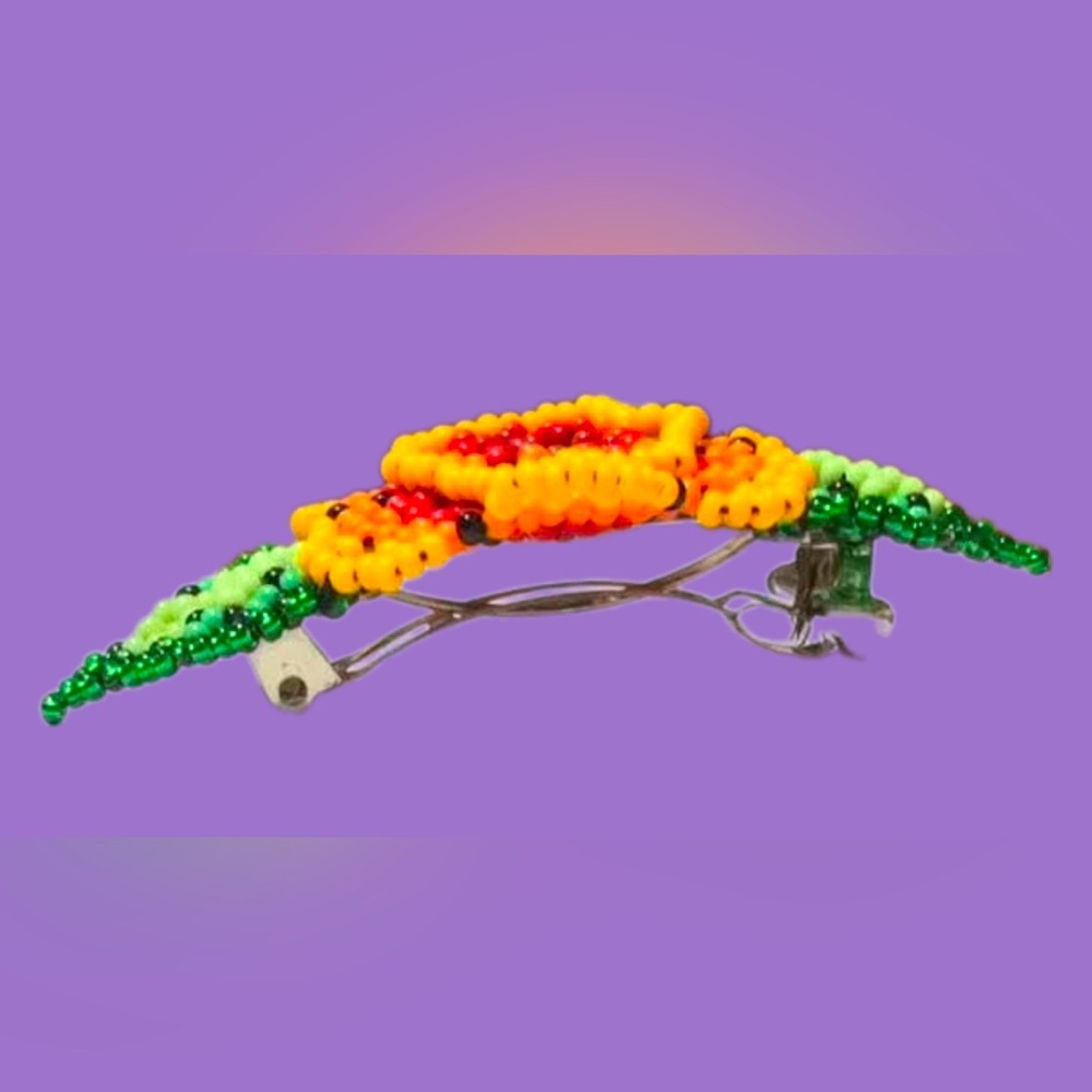 GrandmaMias Fiery Blooming Marigold Glass Seed Beaded French Hair Clip - Picture 4 of 7
